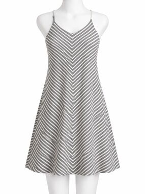 Prana Striped A-Line Dress Size Large Gray White Chevron Sleeveless